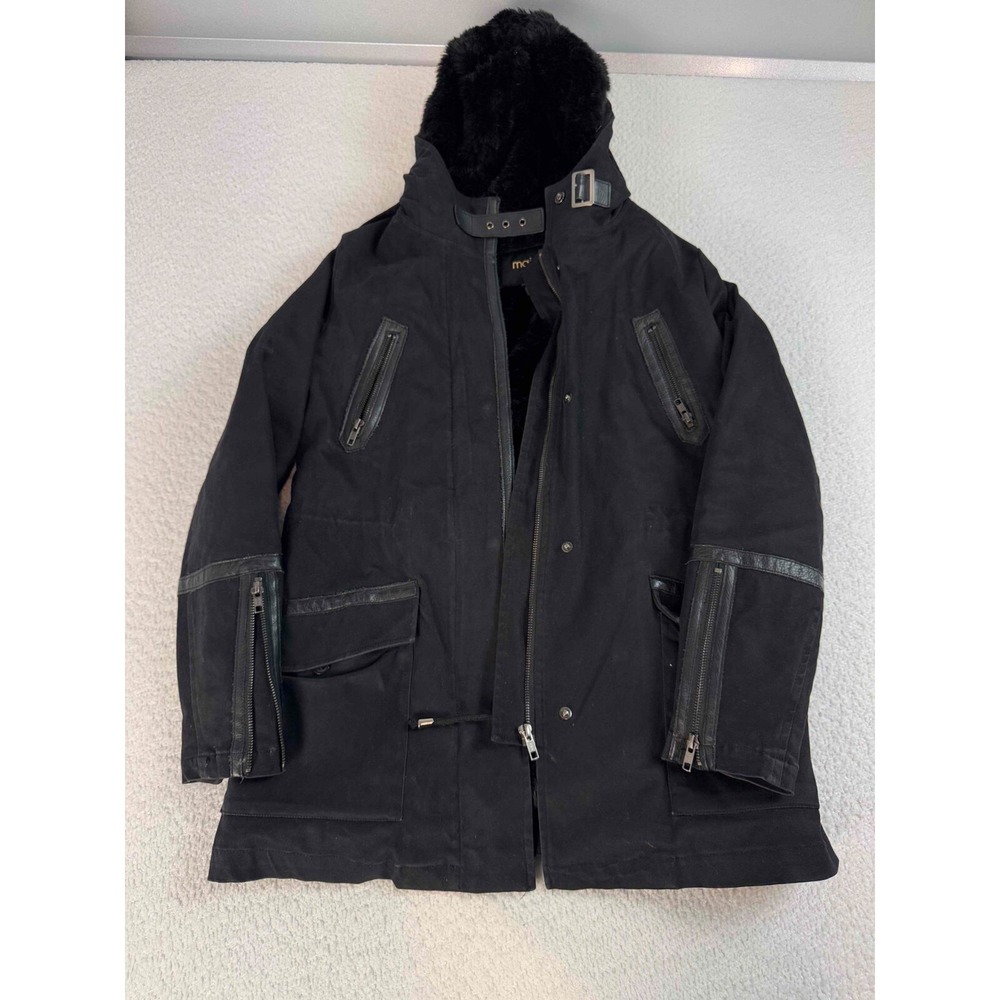 Maje Women Cotton Blend Fur Collar Hood Full Zip Snap Stretch Black Parka Coat 2